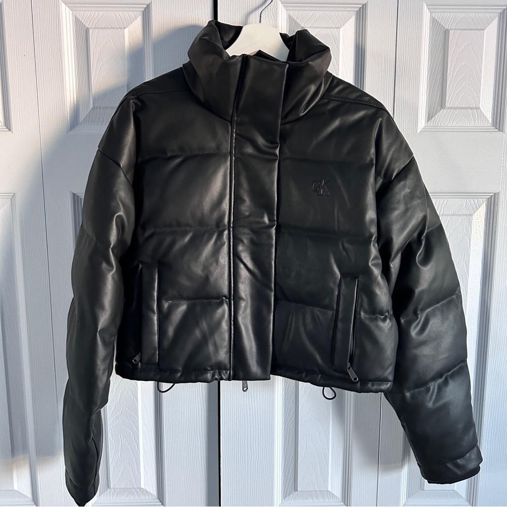Calvin Klein Women's Black Down Puffer Fuax Leather Jacket M